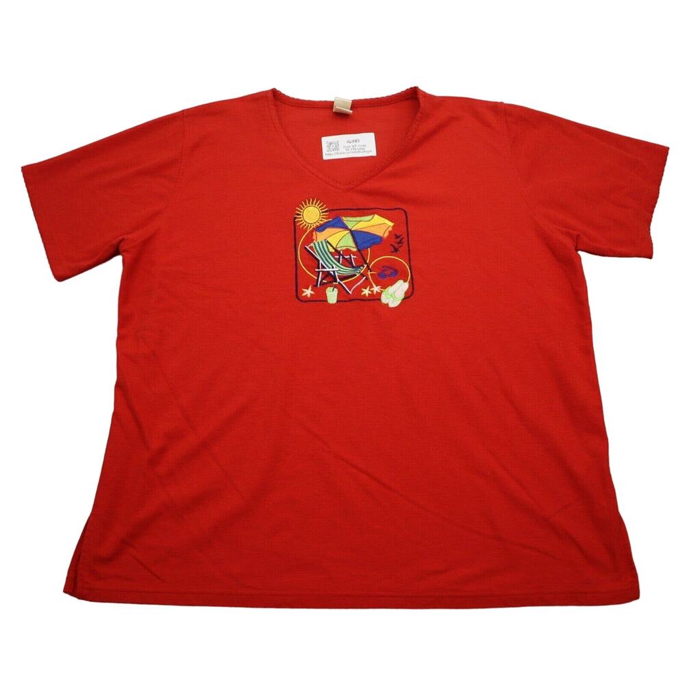 Orchid Shirt Womens 2X Red Short Sleeve VNeck Embroidered Casual T Shirt